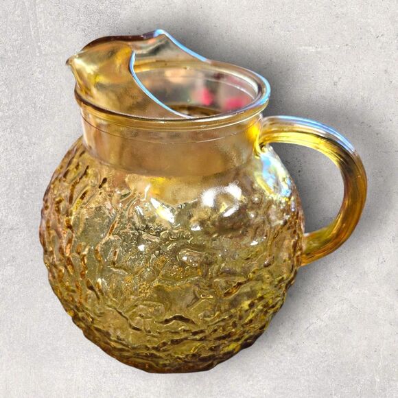 Vintage Anchor Hocking Lido Milano Amber Crinkle Pitcher 4 Tumblers Mid-Century - Picture 9 of 16
